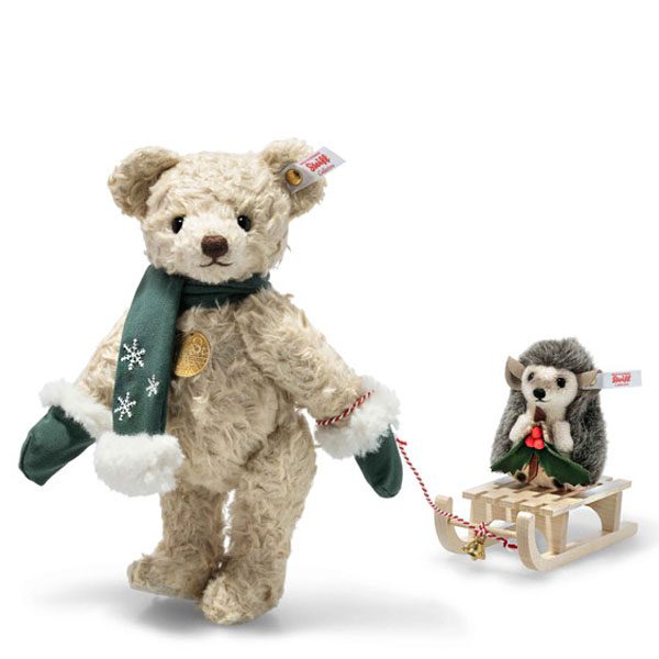 Holiday Teddy Bear with Hedgehog on Sled